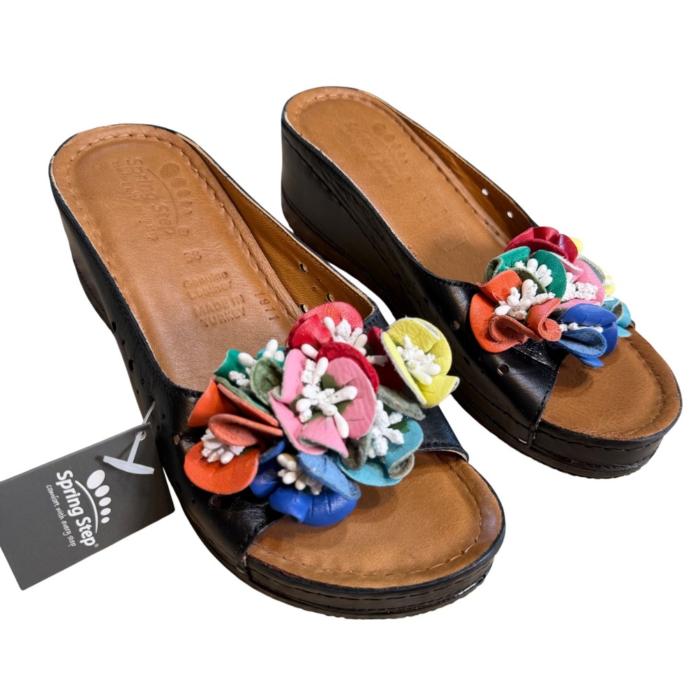 Spring Step Flowerchild 1911 Leather Floral Wedge Slide Sandals 38/ 7.5-8 US NWT